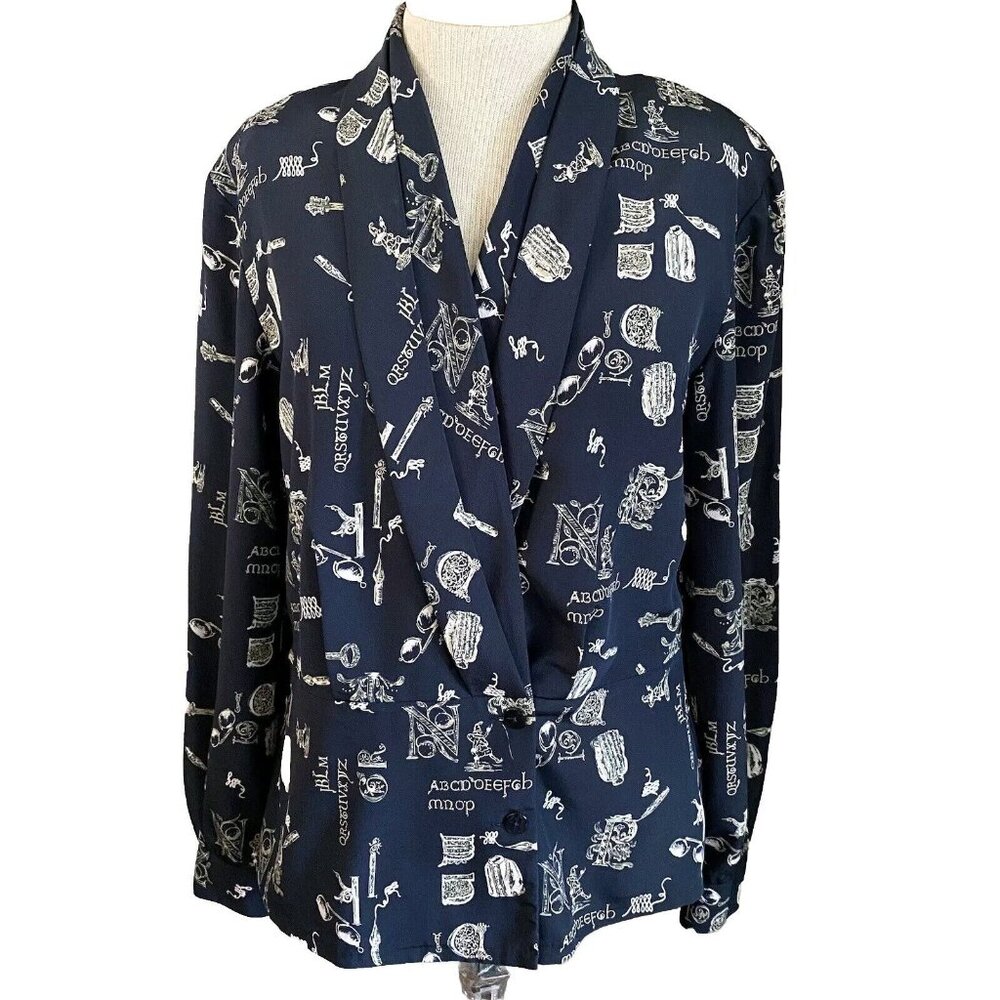 Liz Claiborne Collection Blouse Women's Size 6 Blue Button‎ Up Alphabet Print